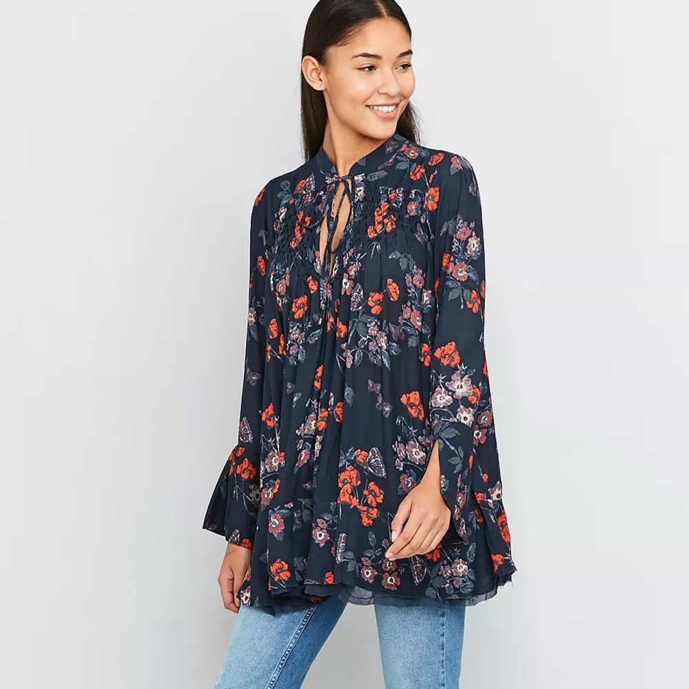 Free People So Fine Floral Dusty Navy Smocked Crepe Flowy Blouse Top